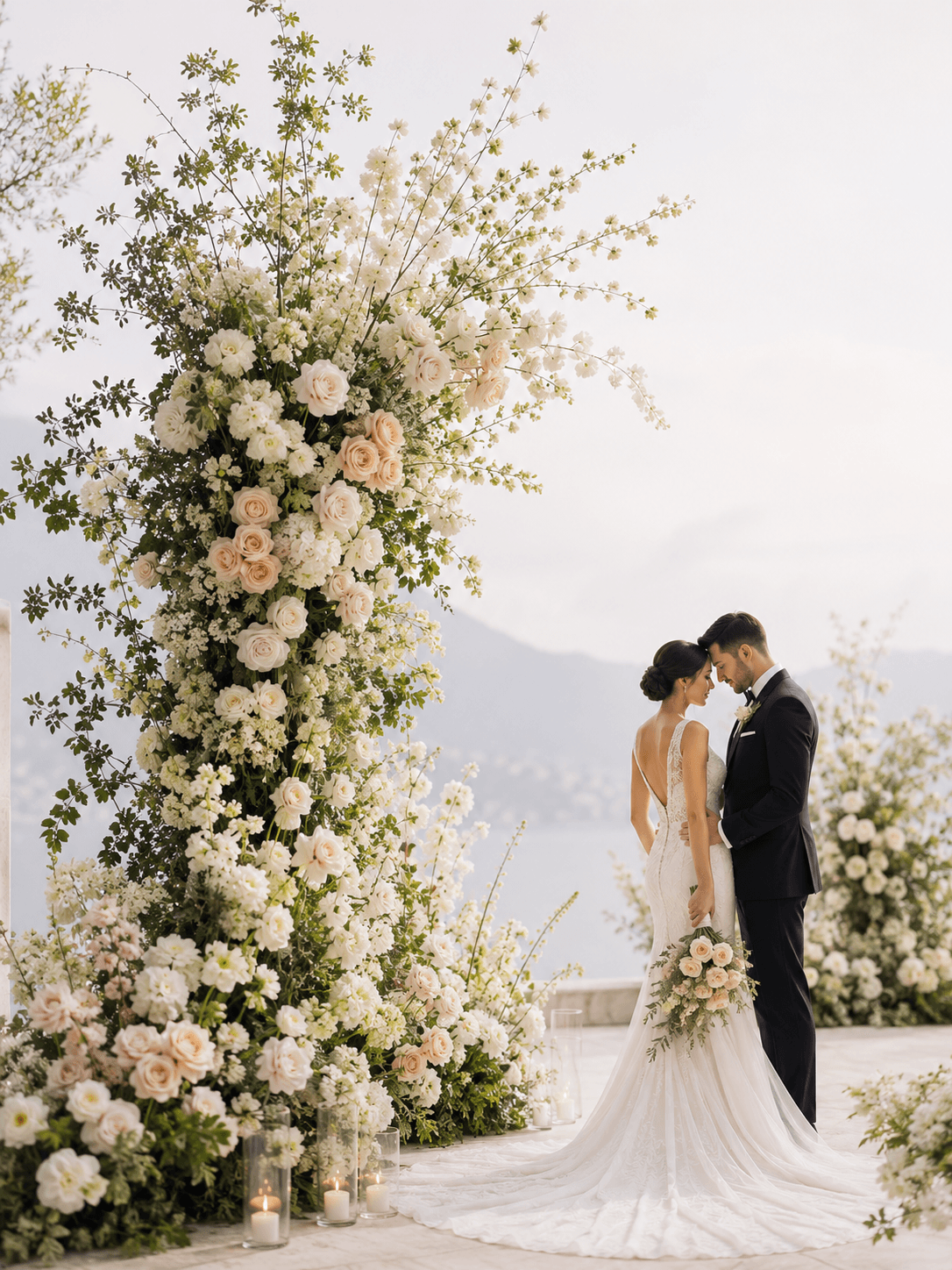 Wedding couple beside a luxury Rosella floral installation