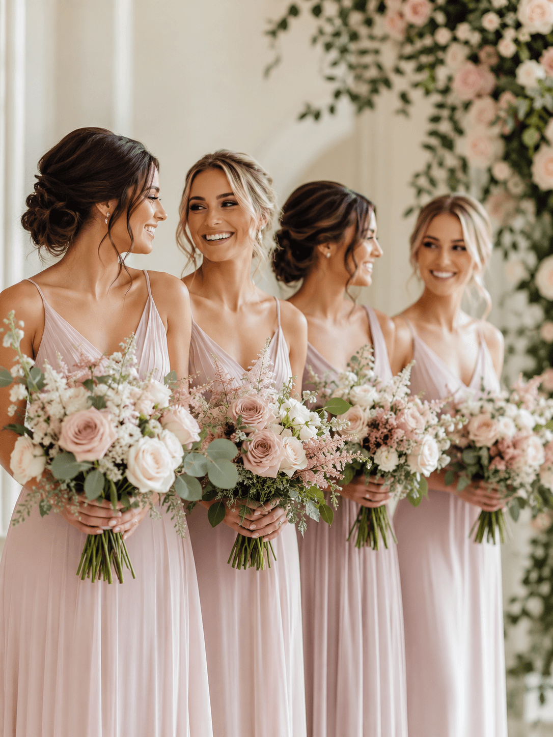 Bridesmaids holding coordinated white and blush bouquets