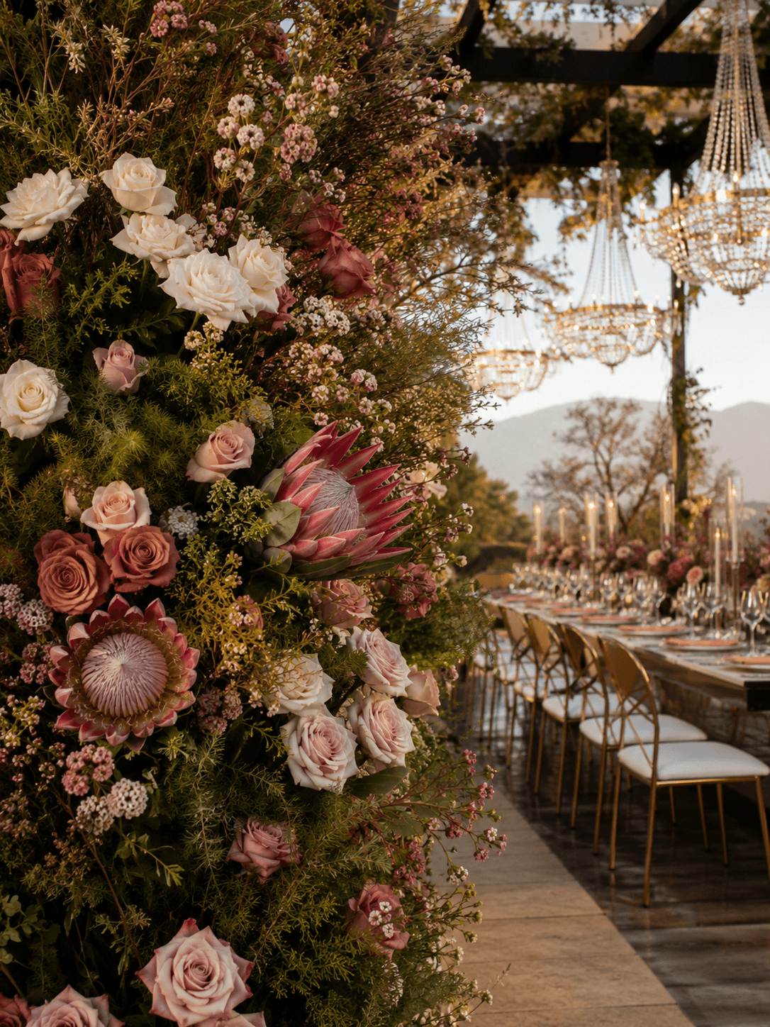 Large floral installation beside an elegant outdoor wedding reception