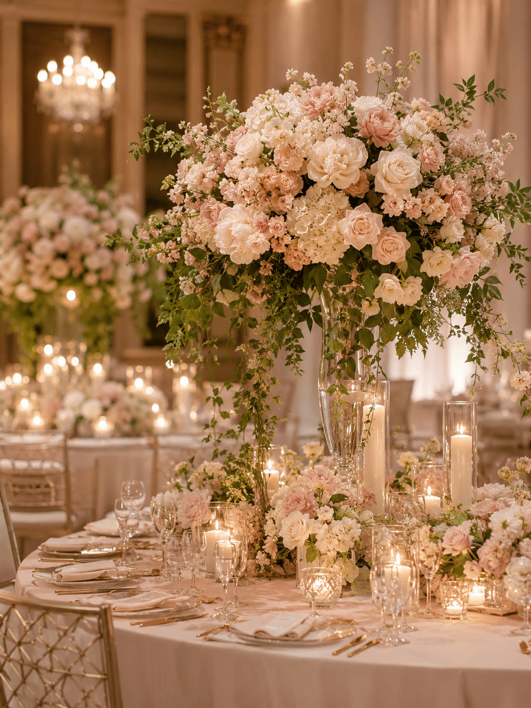 Luxury wedding reception table with abundant blush floral centrepiece